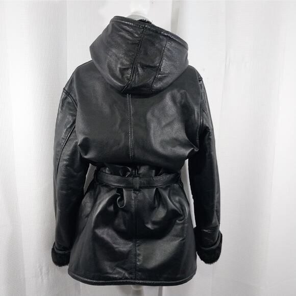 STUNNING BLACK GENUINE LEATHER HOODIE, BELTED WAIST, PLUSH LINED COAT! SZ XL - Picture 9 of 12